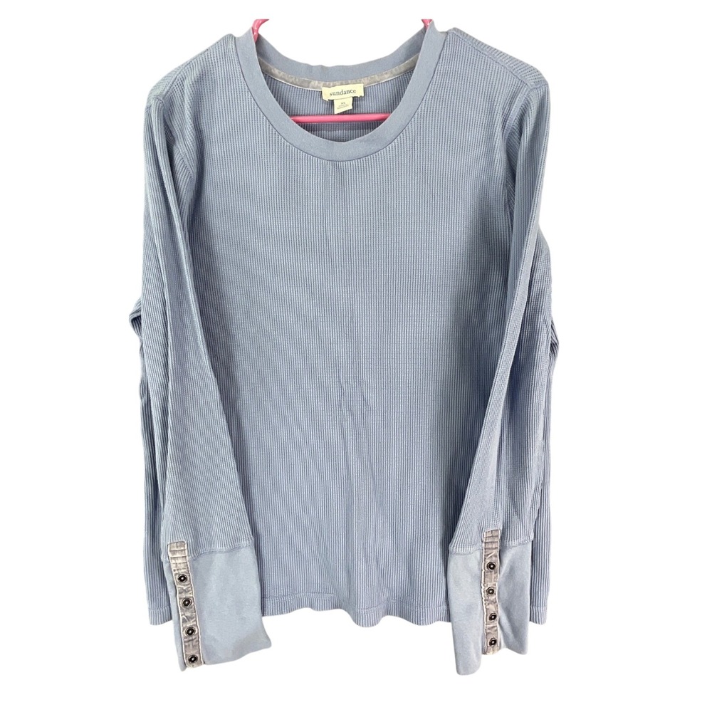 Sundance Thermal Top Womens XL Blue Waffle Knit Velvet Button Cuff Long Sleeve